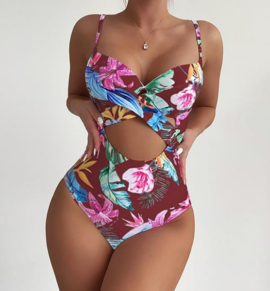 Floral Print Wrap Cross Push Up One Piece Swimsuit Maroon