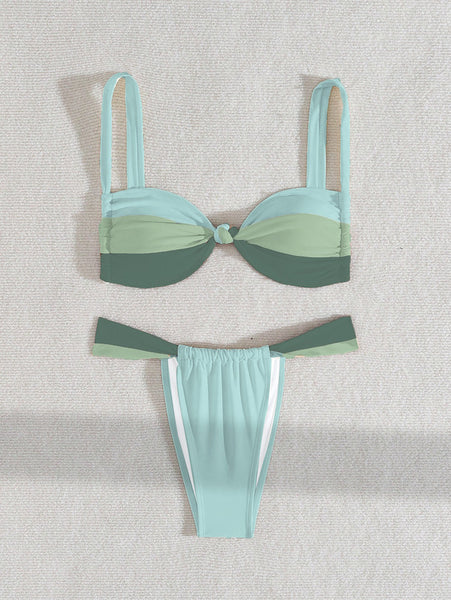 Multicolor Colorblock Thong Bikini Set