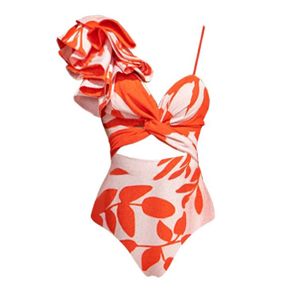 Tropical Print Shoulder Straps One Piece Swimsuit With Cover Up Orange