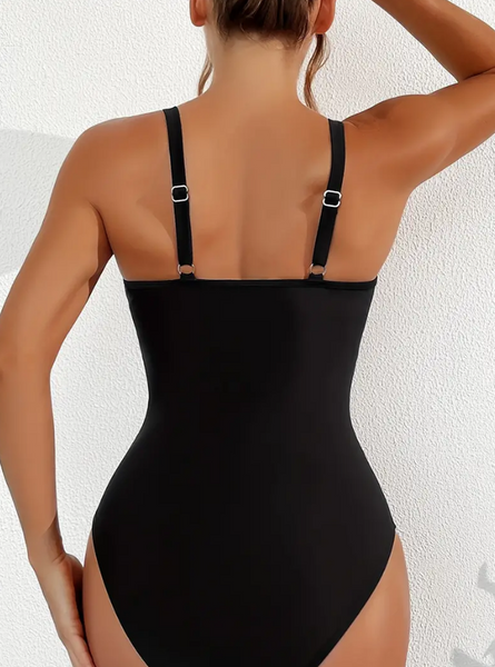 Solid Mesh Contrast V Neck Stretchy Ruched One-piece Swimsuit Black