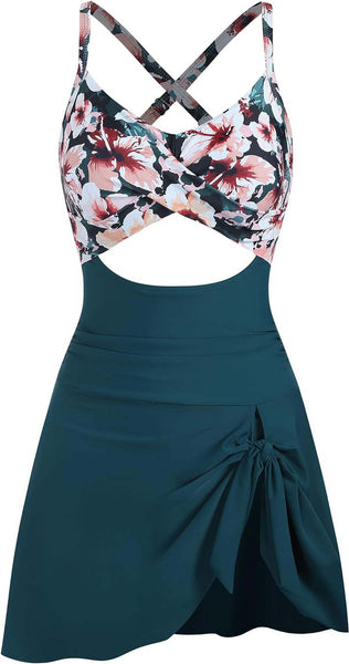 Aqua Blue Floral Cut Out One Piece Swimsuit