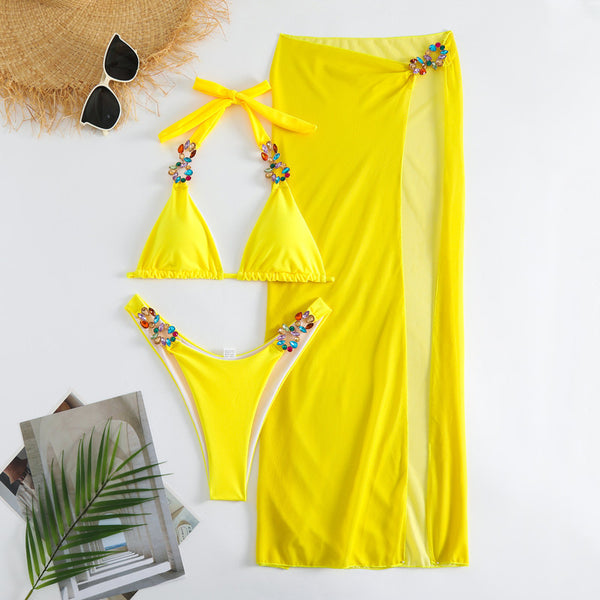 Rhinestone Decor Triangle Halter Neck Three Piece Bikini with Sarong Yellow