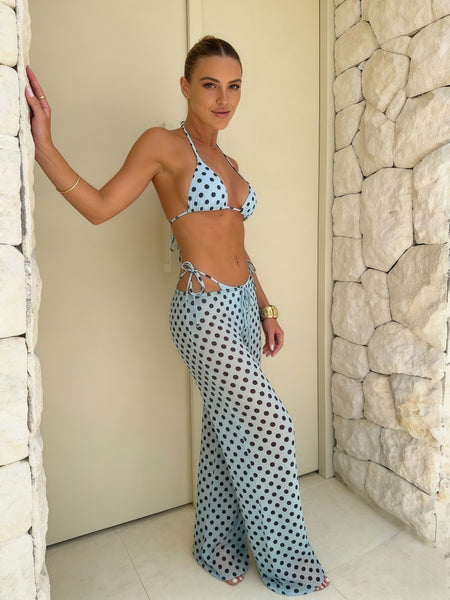 Light Blue Polka Dots Triangle Bikini Set With Beach Pants