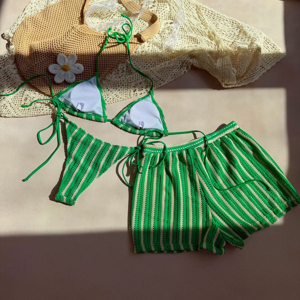 Green Stripes Halter Bikini Set With Beach Shorts