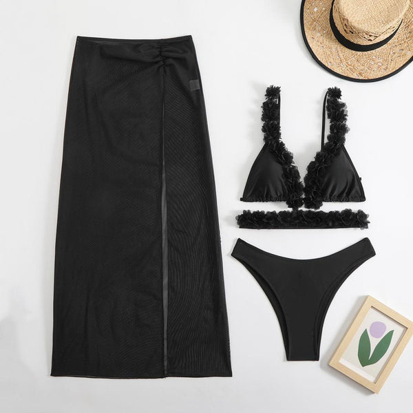 Solid Flower Décor Shoulder Straps Four Piece Bikini Swimsuit Black