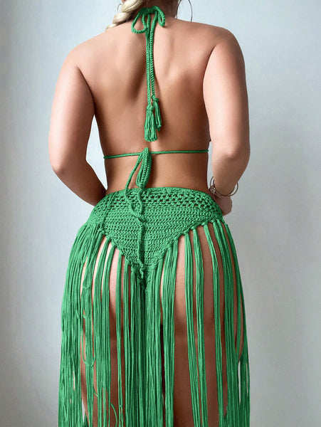 Green Solid Crochet Tassel Halter Top With High Waisted Skirt