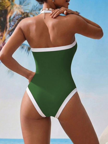 Green Solid Strapless Swimsuit