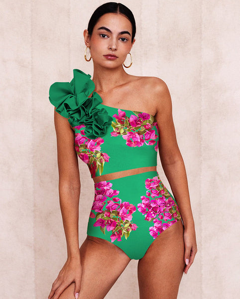 Flower Print One Shoulder Two Piece Swimsuit With Cover Up Green