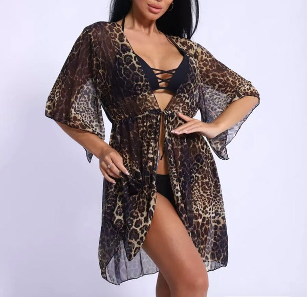 Halter Triangle Bikini Swimsuit With Cover Up Leopard