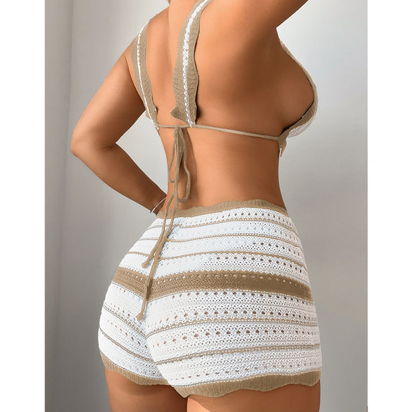 Brown Stripes Knitted Triangle Bikini Set
