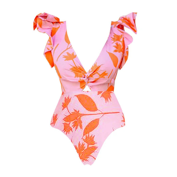 Tropical Print Shoulder Straps One Piece Swimsuit With Cover Up Pink