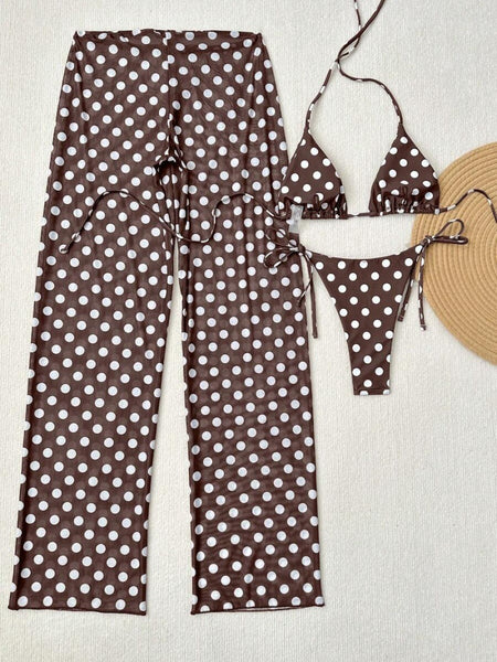 Brown Polka Dots Triangle Bikini Set With Beach Pants