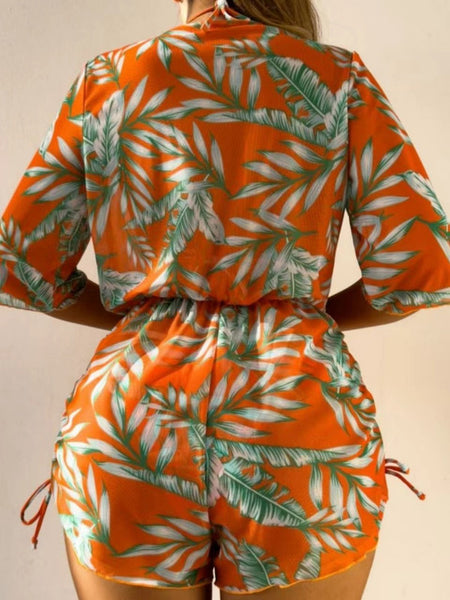 Leaf-print Waist Lace-up Three-Piece Bikini Set Long-sleeved Swimsuit Orange
