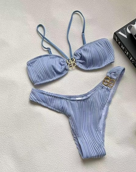 Light Blue Metallic Detail Textured Two Piece Bikini Swimsuit