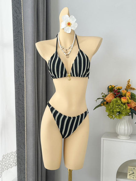Black Stripes Halter Bikini Set With Beach Pants