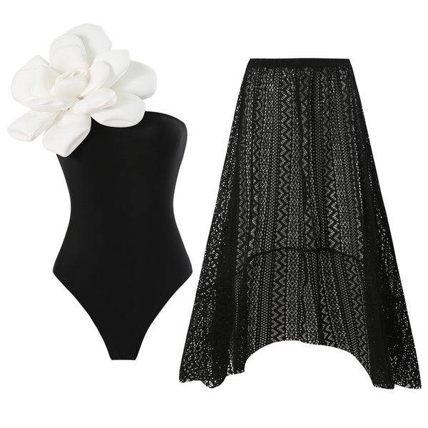 Black Solid One Shoulder One-Piece Swimsuit With Beach Skirt