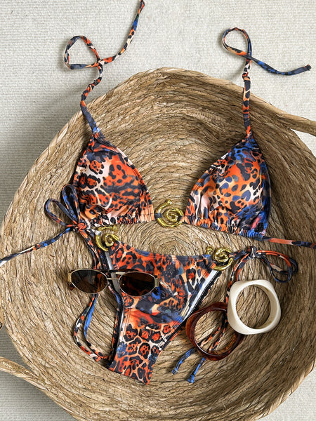 Multicolor Animal Print Halter Bikini Set