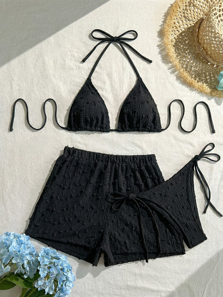 Black Solid Halter Bikini Set With Beach Shorts