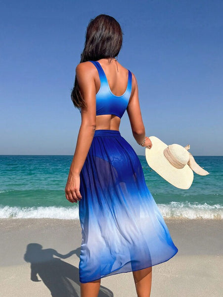 Ombre Bikini Set With Beach Skirt Blue