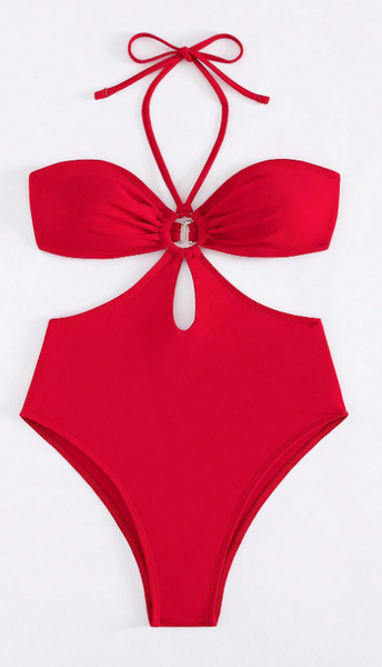 Monokini Solid Color Cut Out Design Halter Neck Swimsuit Red