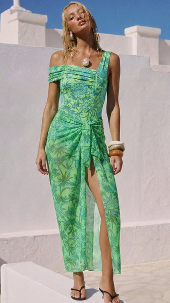 Green Tropical One Shoulder One Piece Swimsuit With Sarong