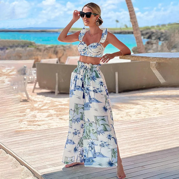 White Tropical High Waisted Bikini Set With Beach Pants