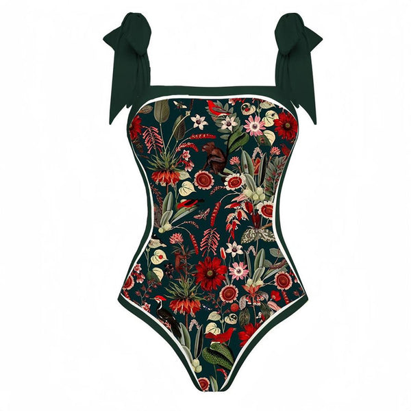 One-Piece Off-Shoulder Floral Print Swimsuit with Cover-Up Dark Green