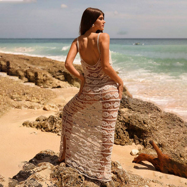 Brown Solid Hollow Crochet Spaghetti Strap Beach Dress