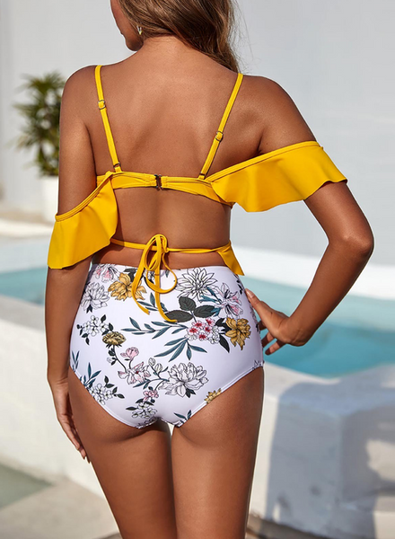 Chest Cross Ruffles Split Floral High Waist Swimsuit Yellow