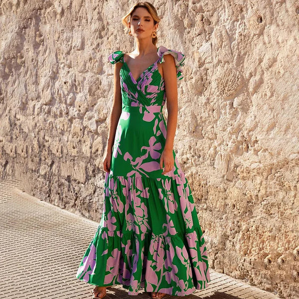Green Floral Plunge Swimsuit With Maxi Cover Up