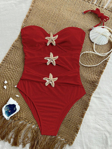 Red Solid Halter One Piece Swimsuit