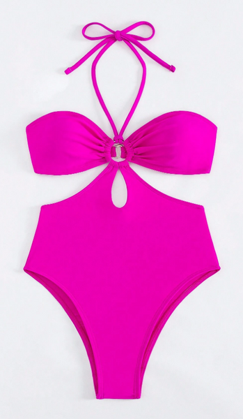 Monokini Solid Color Cut Out Design Halter Neck Swimsuit Pink