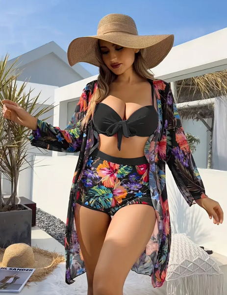 Tropical Print Underwire Bikini Swimsuit With Kimono Black