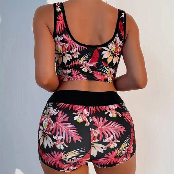 Tropical Plant Print Deep V Neck Two Pieces Set Tankini with Short Bottoms Red