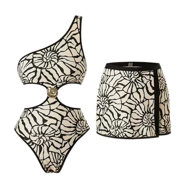Multicolor Abstract Cut Out One Piece Swimsuit With Beach Skirt