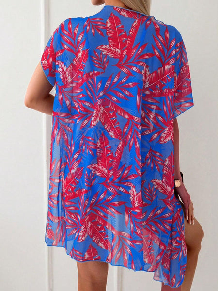 Shell Pattern High Waist Three Piece Swimsuit Blue