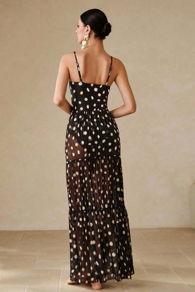 Black Polka Dots Underwire One Piece Swimsuit With Beach Skirt