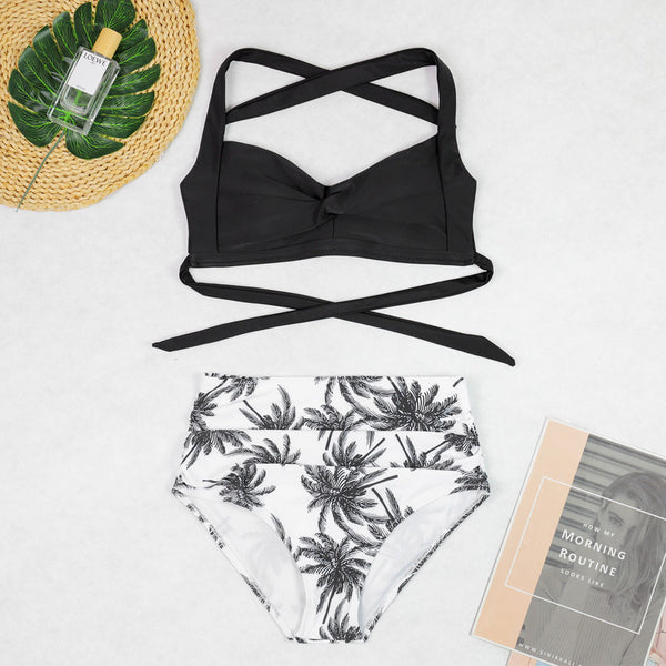 Black Tropical High Waisted Bikini Set