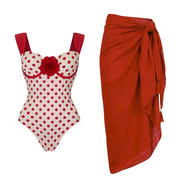 Red Polka Dots Underwire One Piece Swimsuit With Sarong