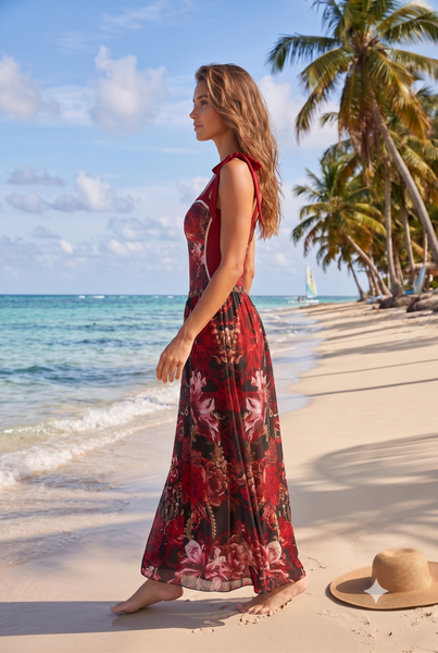 Maroon Floral Tummy Control Swimsuit With Beach Skirt