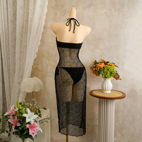 Black Solid Mesh Panel Bikini Set