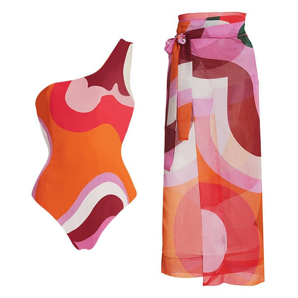 Multicolor Geometric One Shoulder One Piece Swimsuit With Sarong