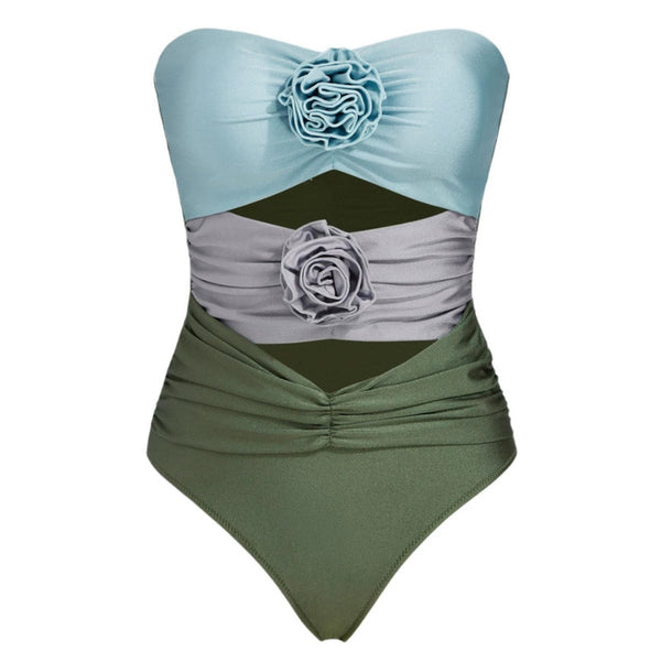 Green Gradient One Piece Swimsuit With Sarong