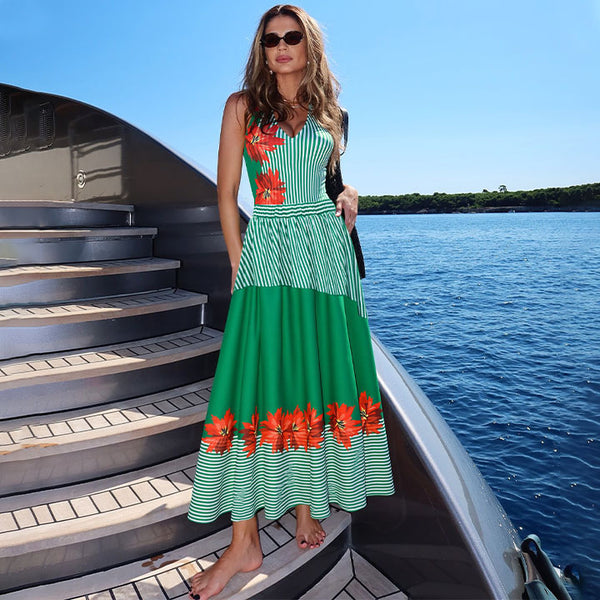 Green Stripes Halter One Piece Swimsuit With Maxi Cover Up