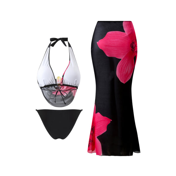 Black Floral Halter Bikini Set With Beach Skirt