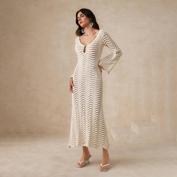 Cream Solid Crochet Knit Long Flare Sleeve Beach Dress