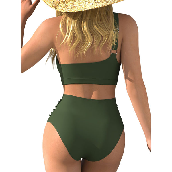 Green Solid One Shoulder Bikini Set