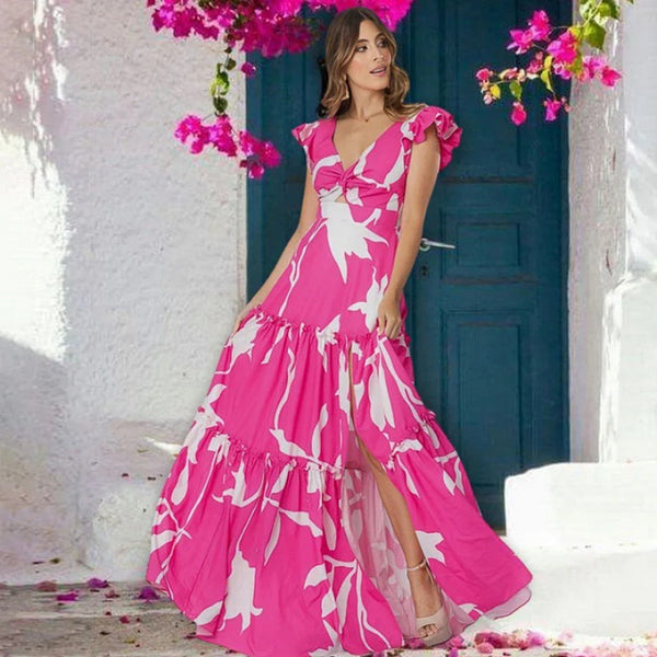 Pink Tropical Cut Out One Piece Swimsuit With Beach Skirt