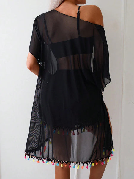 Black Abstract Bikini Set Shirt Cover-Up Beach Shorts
