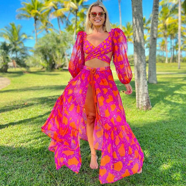 Pink Abstract Wrap Bikini Set With Sarong